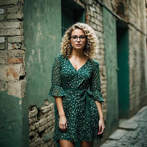 Stylish Woman in Green Floral Dress Posing in Rustic Alleyway