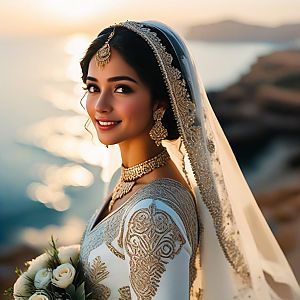 Radiant Woman in Traditional Outfit by Waterfront at Sunset