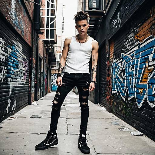 Urban Street Style Portrait of Young Man in Ripped Jeans and Tank Top