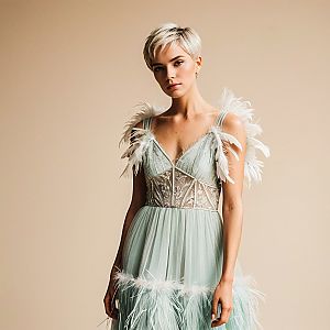 Confident Woman in Elegant Blue Dress with Lace and Feathers