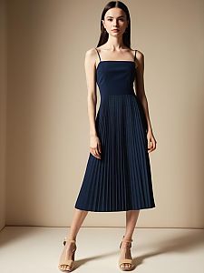 Elegant Navy Blue Pleated Midi Dress with Spaghetti Straps on Woman