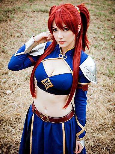 Anna Fire Emblem Cosplay Woman in Blue Armor with Red Hair