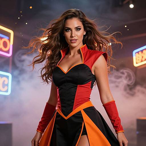 Confident Woman in Futuristic Black Red Orange Cosplay Outfit with Neon Lights