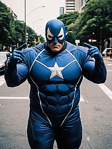 Man in Realistic Marvel Comics Blue Star Captain America Cosplay Costume