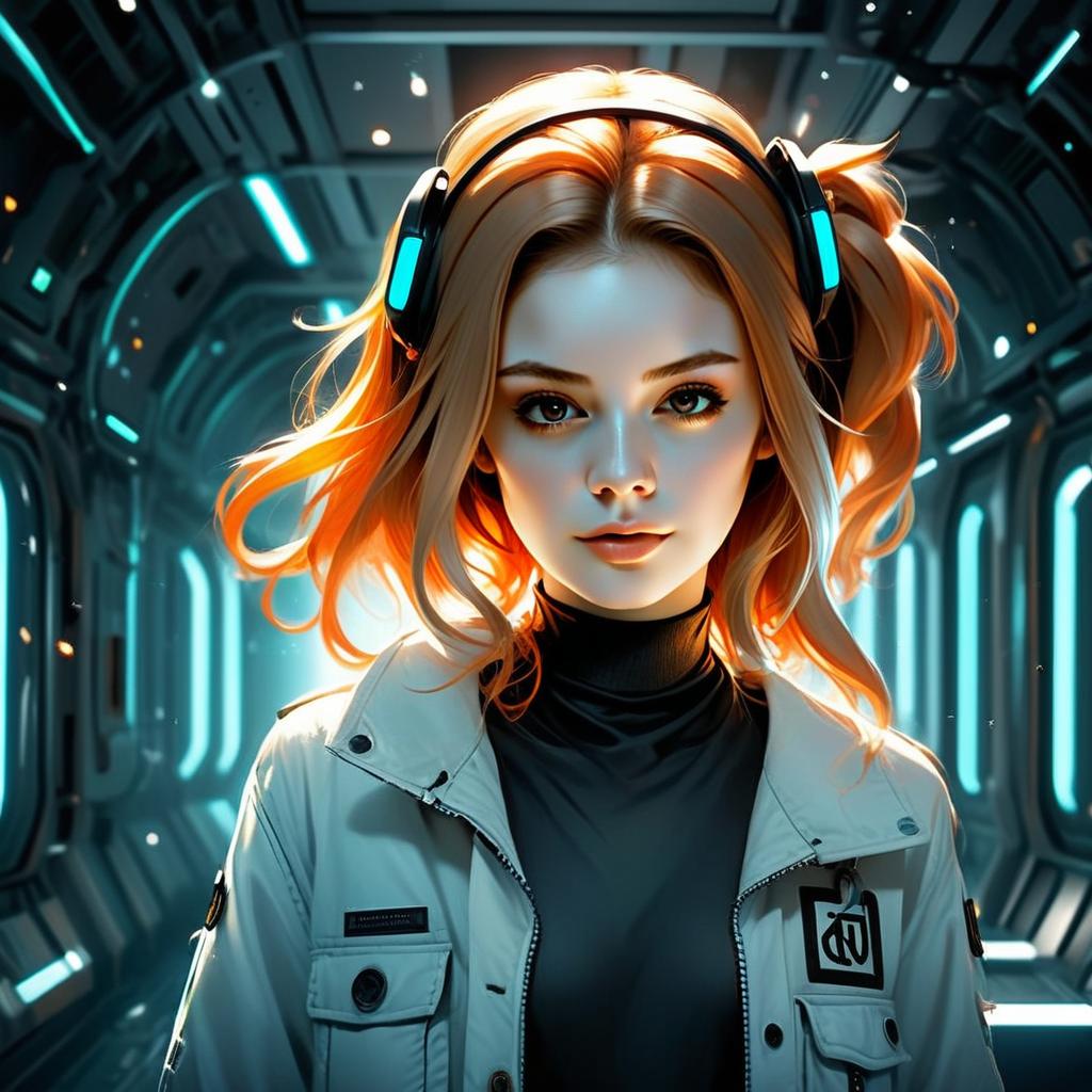 Futuristic Woman with Neon Headphones in Cyberpunk Corridor Illustration