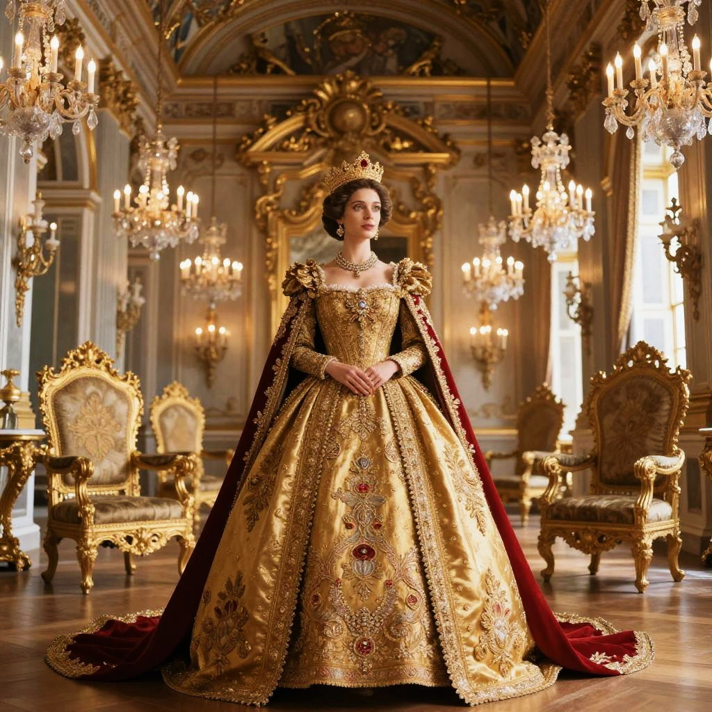 Regal Queen in Golden Embroidered Gown with Red Velvet Cape in Luxurious Palace
