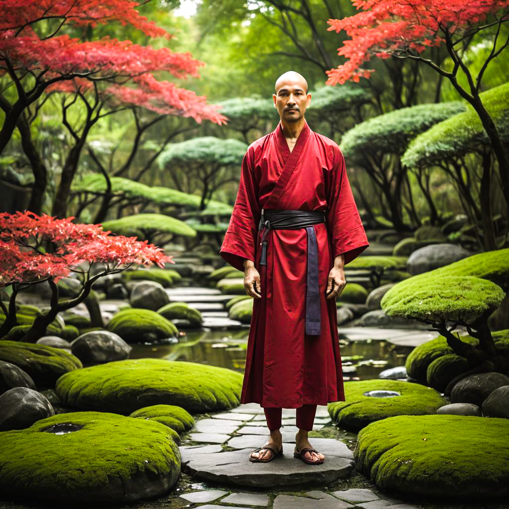 Man in Red Kimono in Japanese Garden