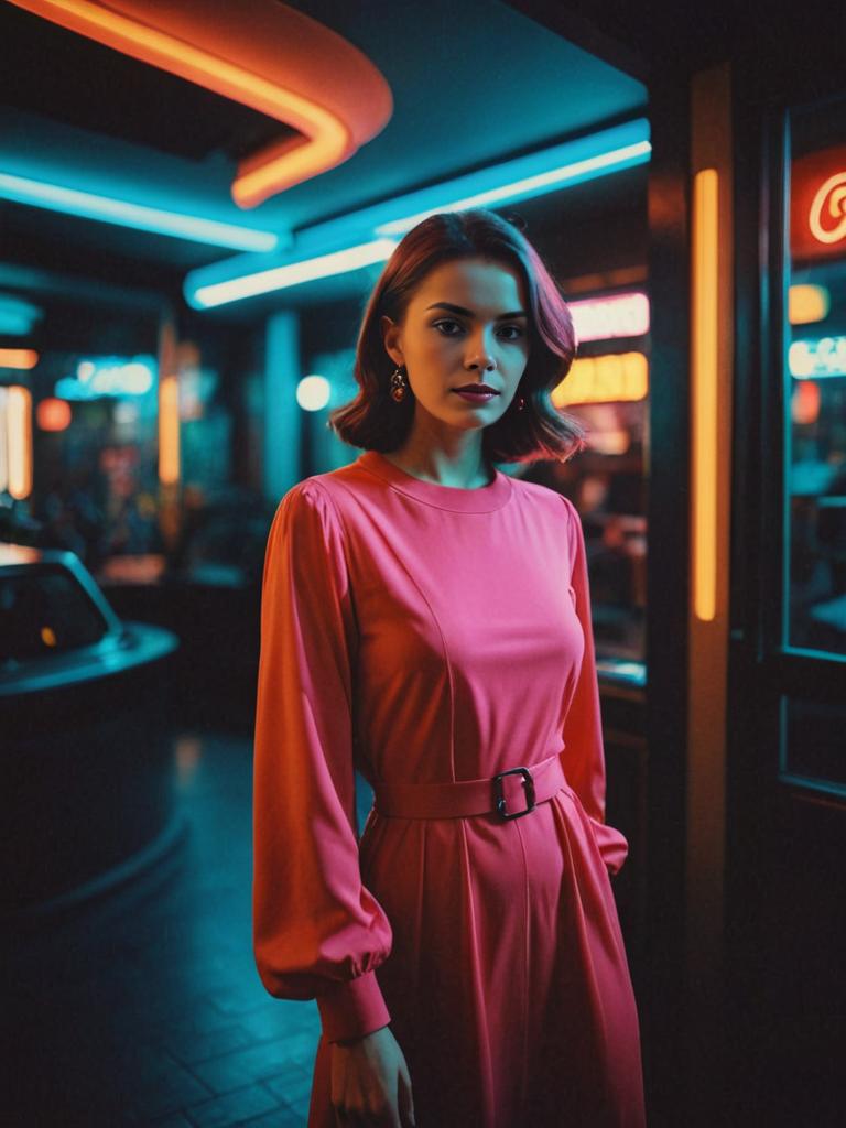 Woman in Neon Lights with Vibrant Dress