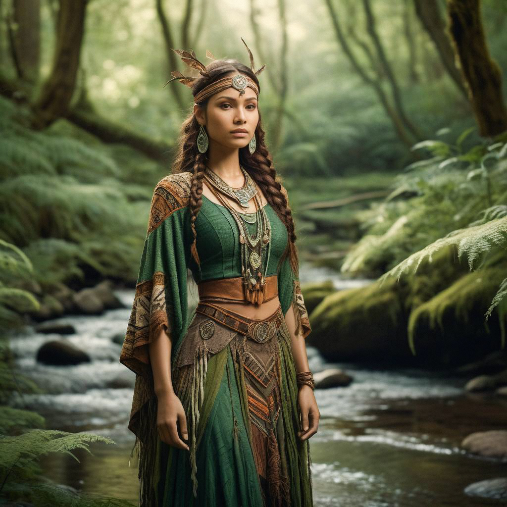 Woman in Earth-Toned Tribal Outfit by Forest Stream