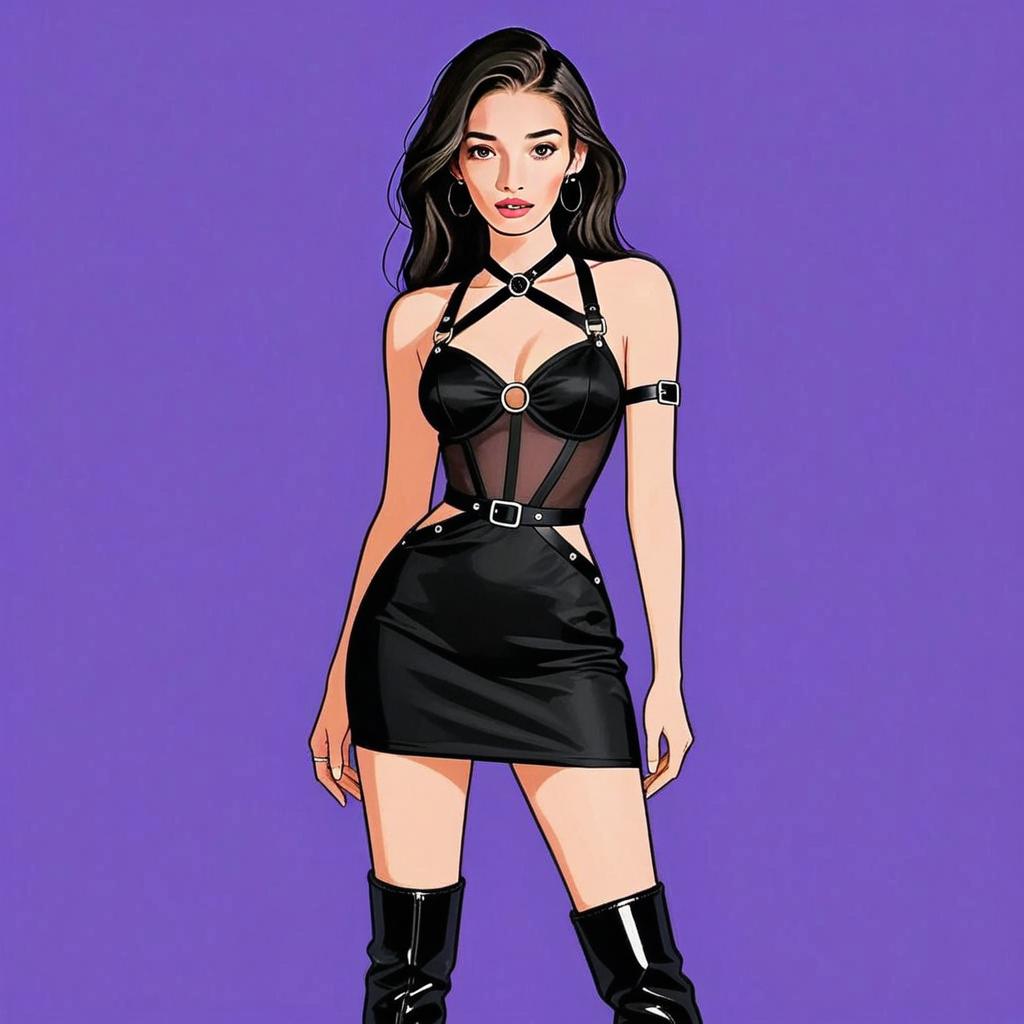Woman in Strappy Black Satin Mini Dress and Thigh-High Boots Illustration
