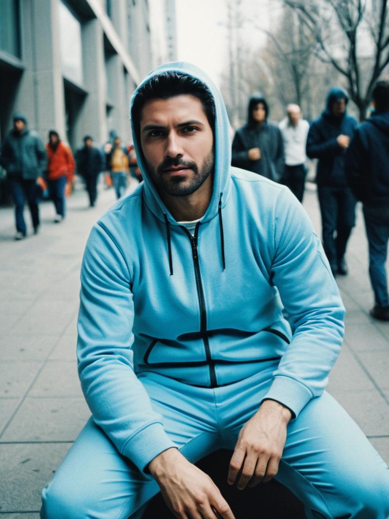Man in Light Blue Matching Hoodie and Pants Casual Streetwear Editorial Portrait