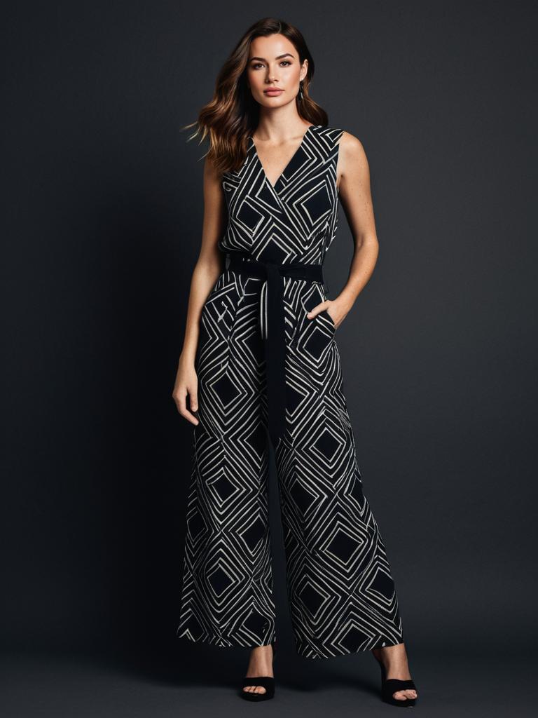 Woman Wearing Black Geometric Patterned Jumpsuit Fashion Portrait