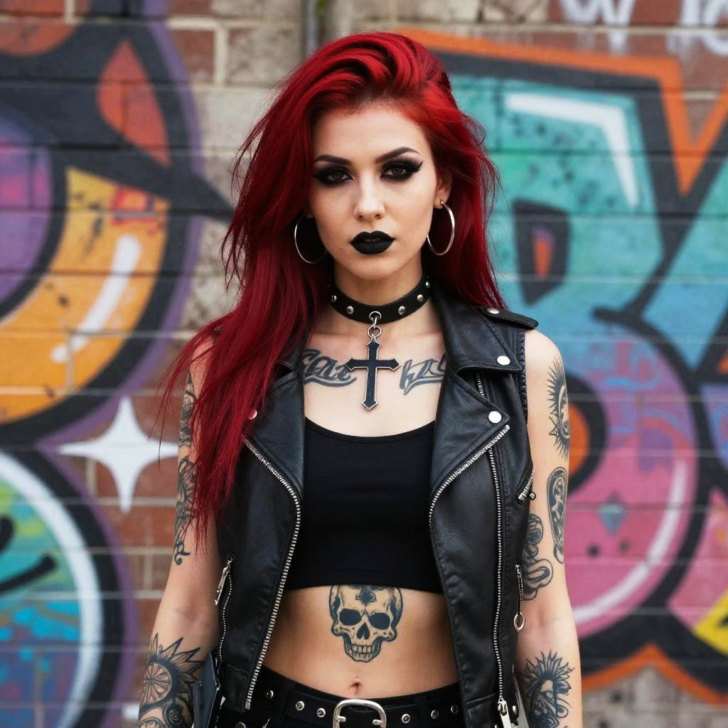 Young Woman with Red Hair and Tattoos in Punk Rock Style Against Graffiti Wall
