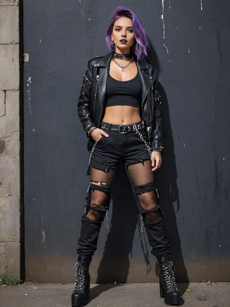 Bold woman in edgy outfit with purple hair