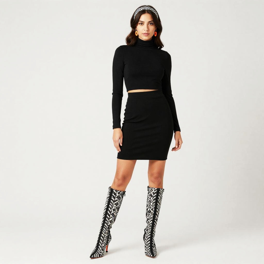 Trendy Woman in Black Crop Top and Mini Skirt with Patterned Knee-High Boots