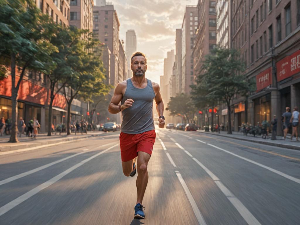 Man Running in Sunlit Urban Street with Motion Blur