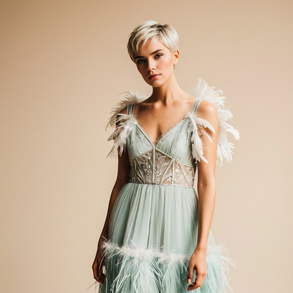 Confident Woman in Elegant Blue Dress with Lace and Feathers