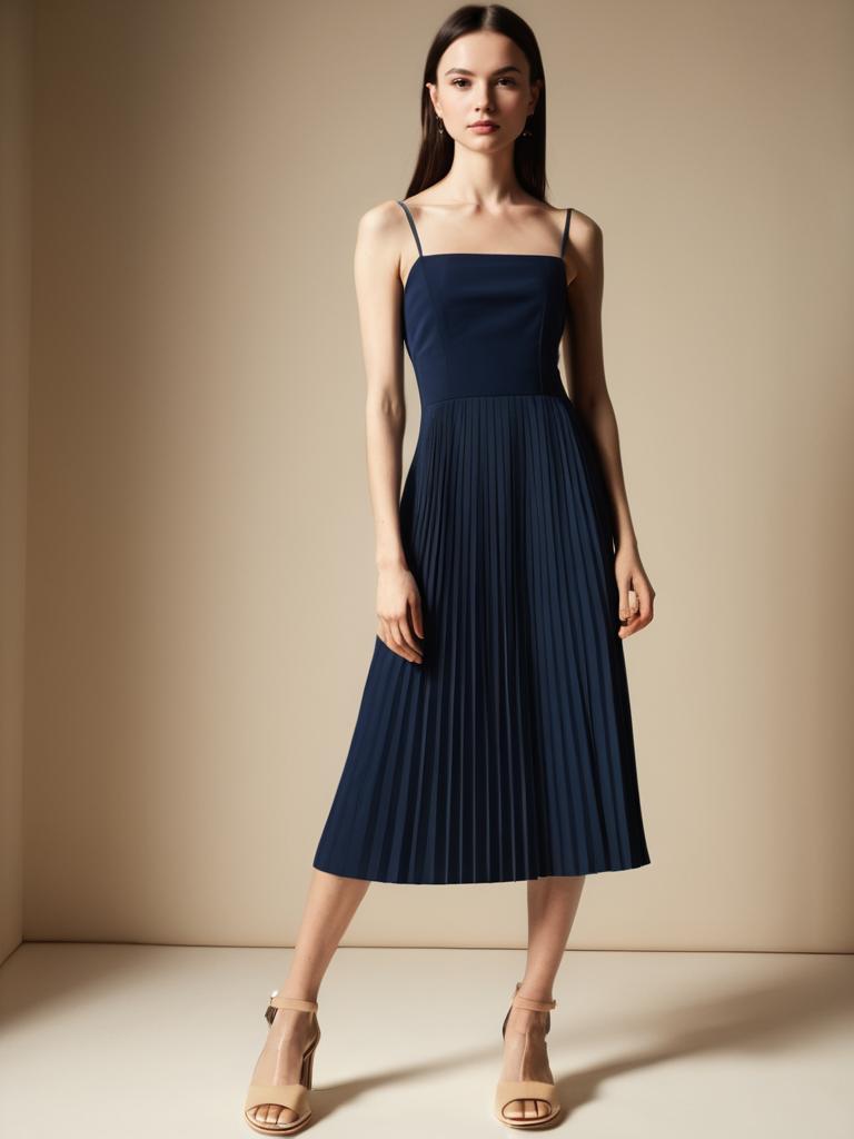 Elegant Navy Blue Pleated Midi Dress with Spaghetti Straps on Woman