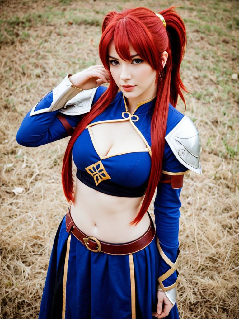 Anna Fire Emblem Cosplay Woman in Blue Armor with Red Hair