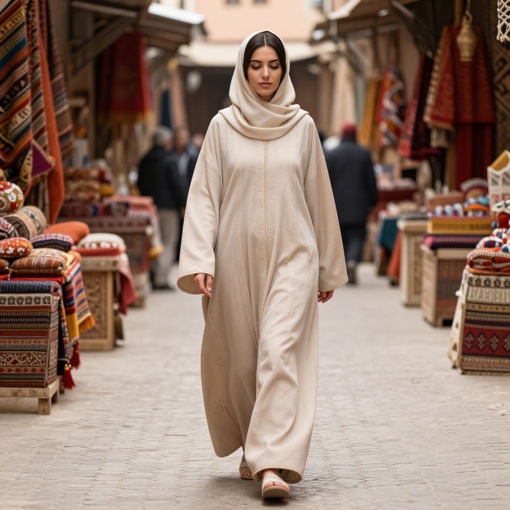 Woman in Beige Abaya Walking Through Traditional Middle Eastern Market