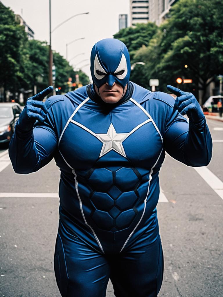 Man in Realistic Marvel Comics Blue Star Captain America Cosplay Costume