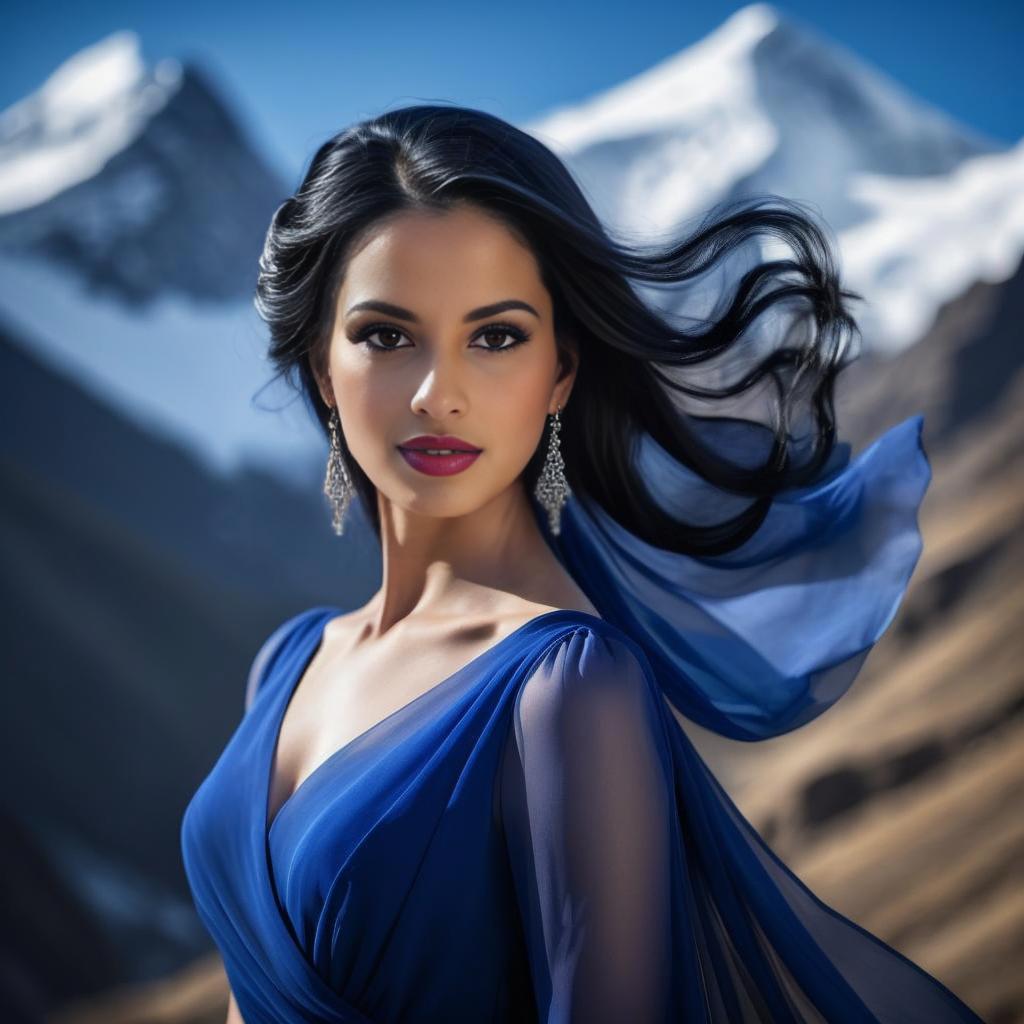 Graceful Woman in Royal Blue Gown Against Snow-Capped Mountains