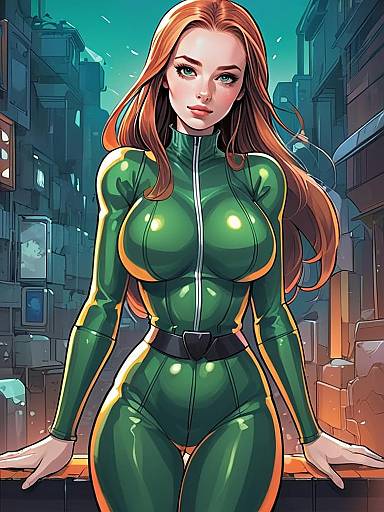 Red-haired Woman in Green Bodysuit Digital Art Comic Style