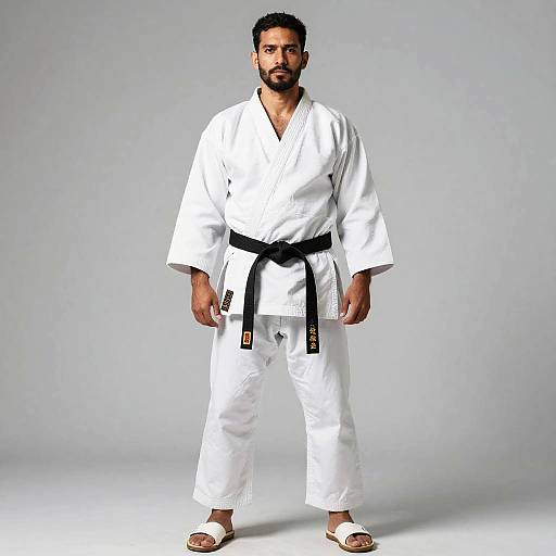 Man in White Karate Gi with Black Belt Standing Confidently