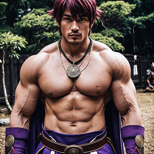 Muscular Man in Purple Fantasy Cosplay Outfit with Medallion Necklace