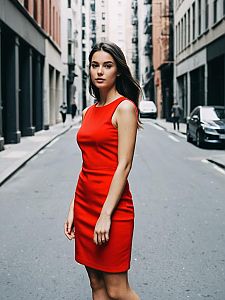 Confident Woman in Red Dress Standing on Urban Street