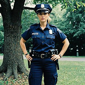 Confident Woman in Navy Police Uniform Outdoors