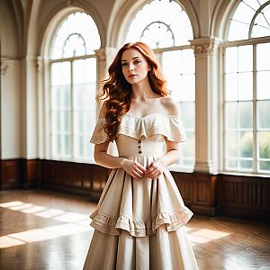 Red-haired Woman in Elegant Cream Off-Shoulder Dress