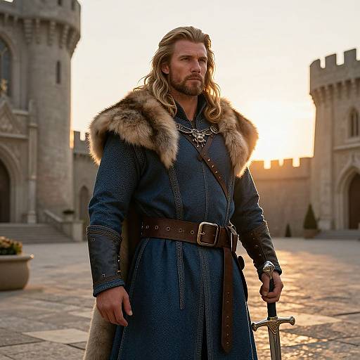 Medieval Viking Warrior in Fur Cloak with Sword at Castle