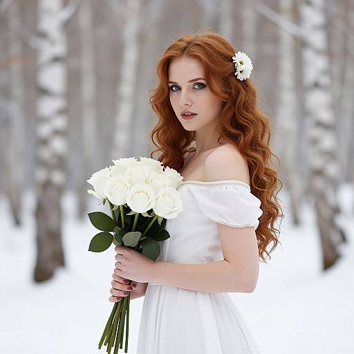 Red-Haired Woman in White Dress Holding White Roses in Snowy Birch Forest