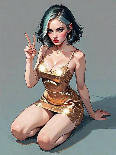 Stylish Woman in Gold Cocktail Dress Realistic Comic Artwork Full Body