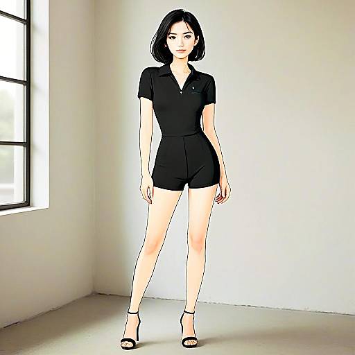 Stylish Young Woman in Black Outfit with Modern Minimalist Illustration Style