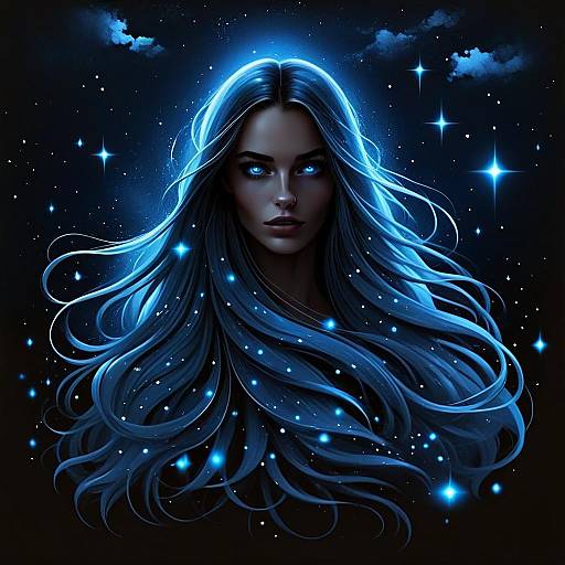 Fantasy Blue-Haired Woman with Cosmic Starry Night Hair