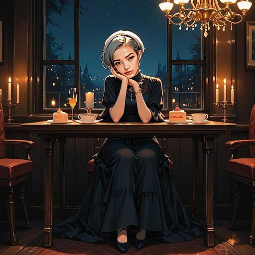 Elegant Woman in Dark Gown Sitting at Vintage Table in Warmly Lit Room
