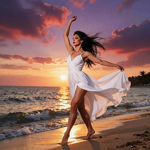 Graceful Woman Dancing on Beach at Sunset in Flowing White Dress