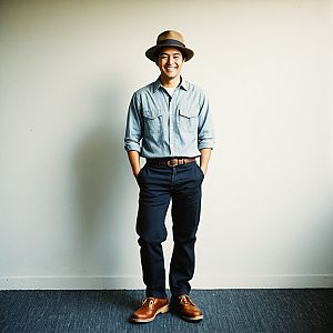 Man in Light Blue Shirt with Tan Fedora
