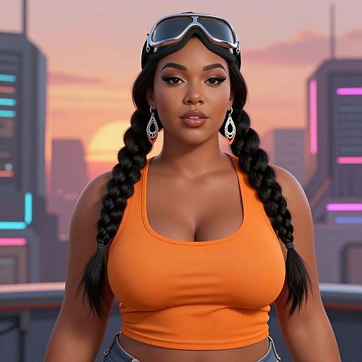 Confident Woman in Orange Crop Top with Futuristic City Background