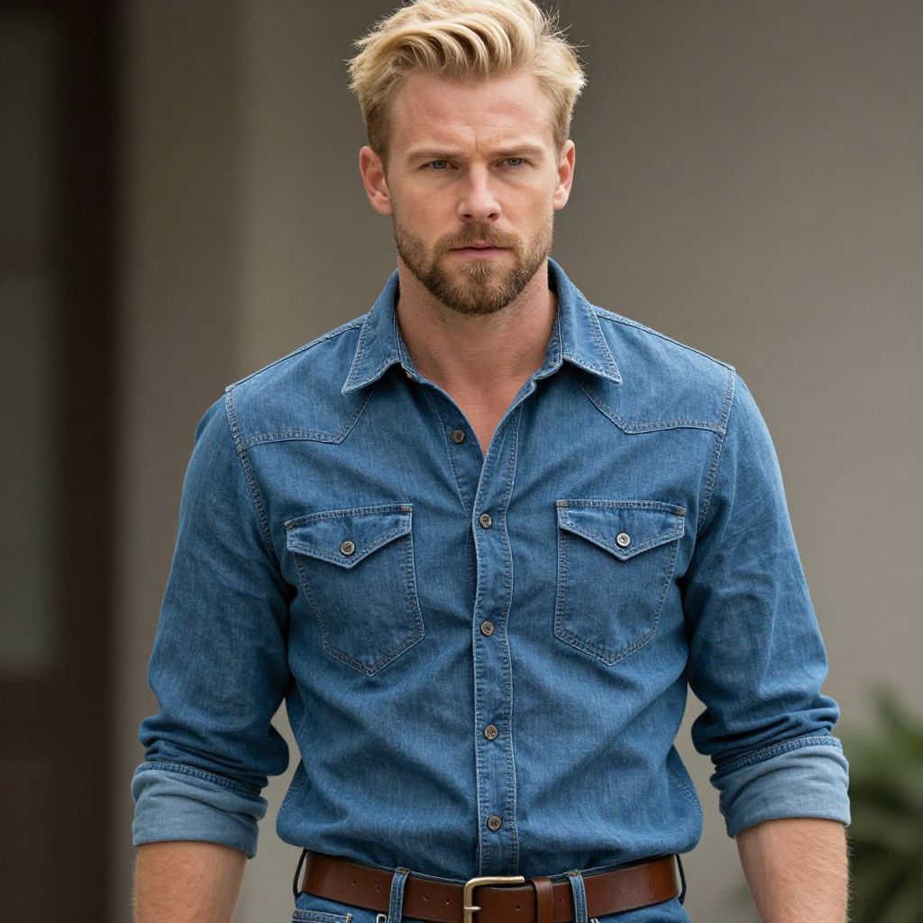 Blonde Man in Blue Denim Shirt with Brown Belt