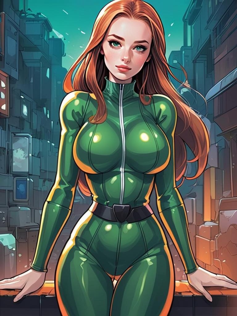 Red-haired Woman in Green Bodysuit Digital Art Comic Style