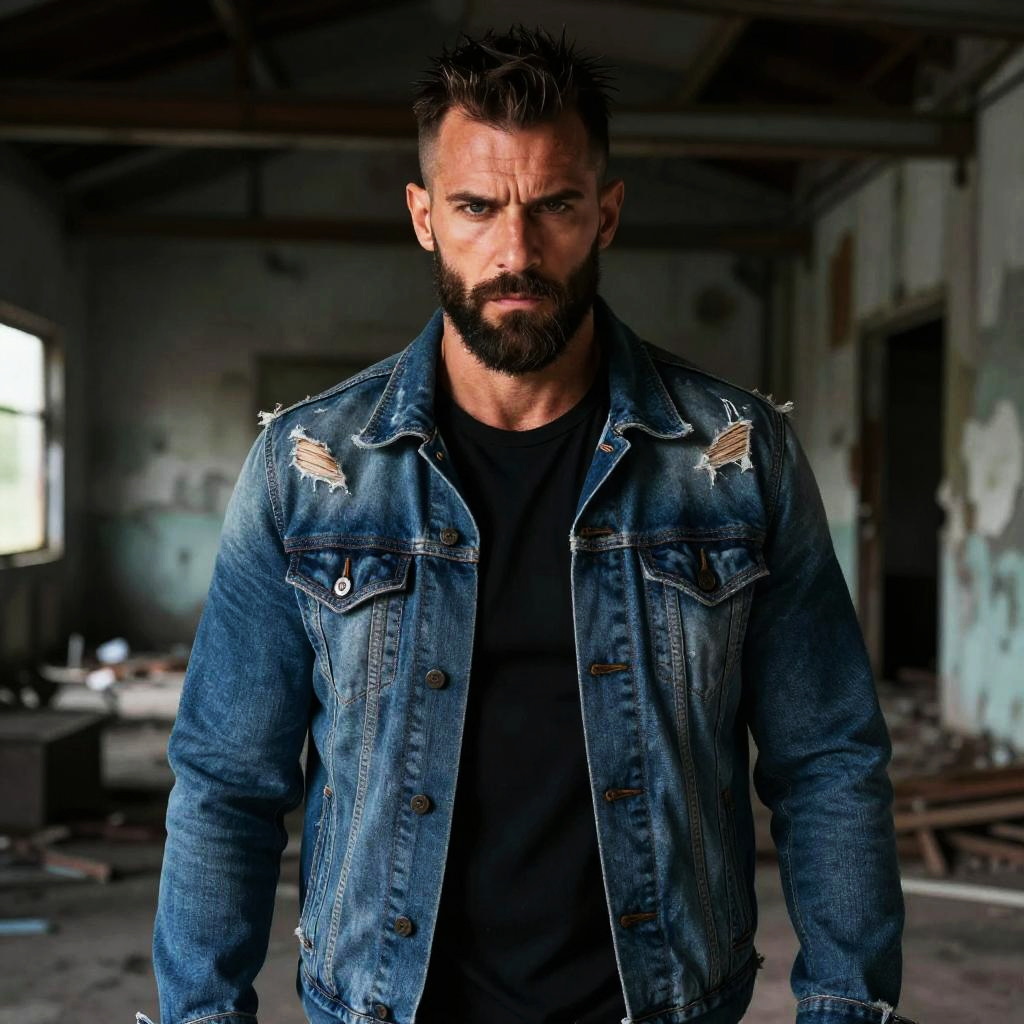 Rugged Man in Distressed Denim Jacket in Abandoned Industrial Setting