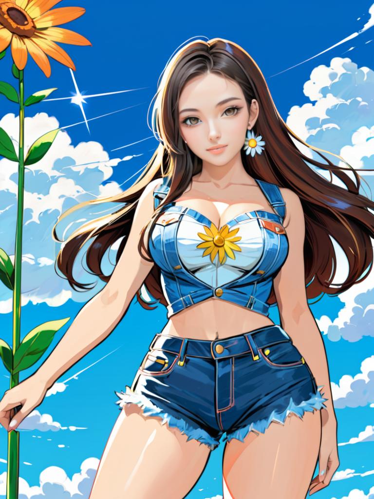 Anime-inspired woman in denim with sunflower design under blue skies