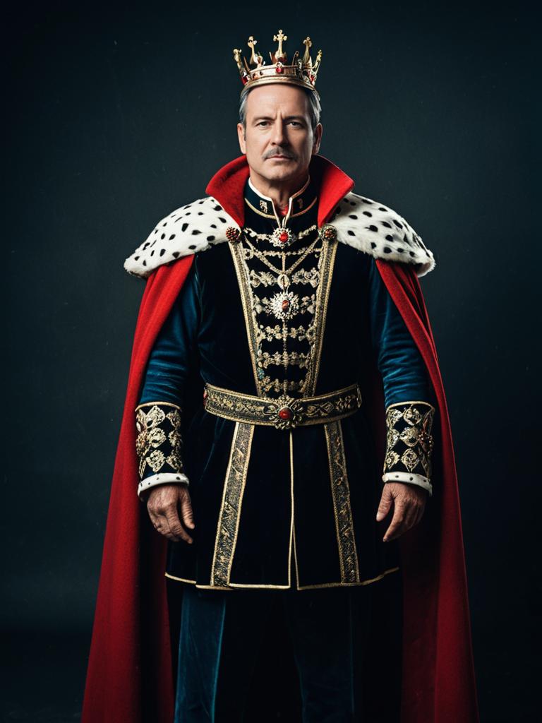Man in Royal King Costume with Crown and Red Cape - Cinematic Realism Man in Royal King Costume with Crown and Red Cape - Cinematic Realism