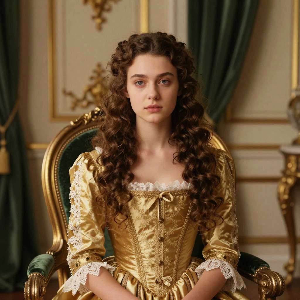Young Woman in Golden 18th Century Style Gown Sitting in Ornate Chair
