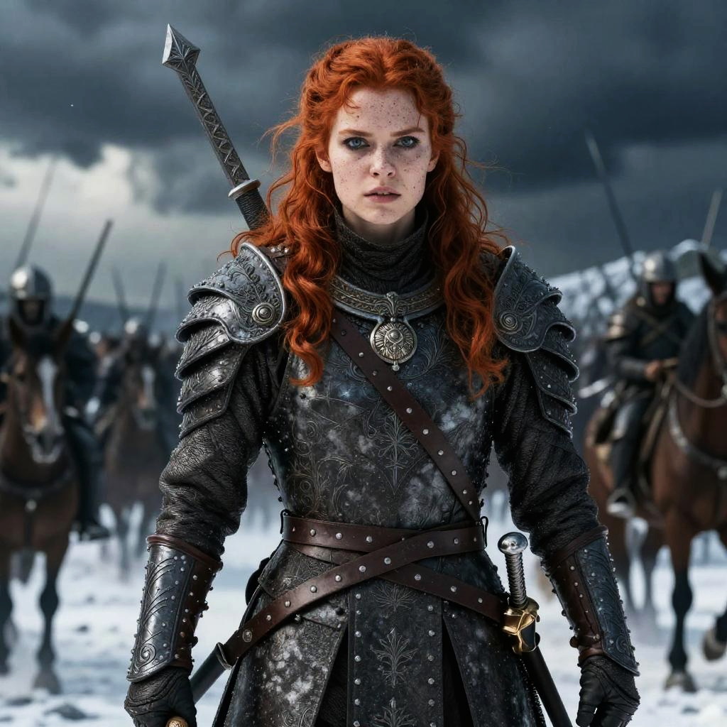 Red-Haired Woman Knight in Medieval Armor on Snowy Battlefield