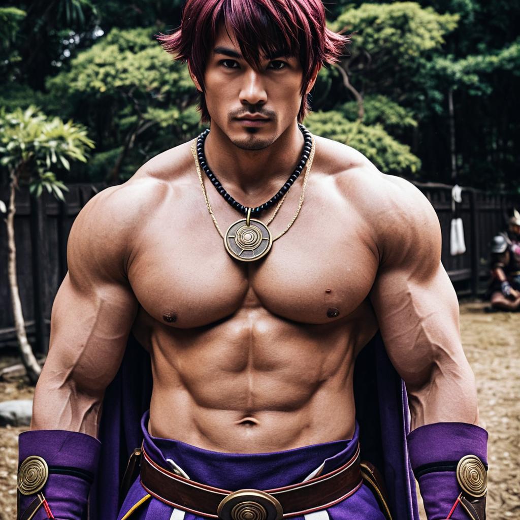 Muscular Man in Purple Fantasy Cosplay Outfit with Medallion Necklace