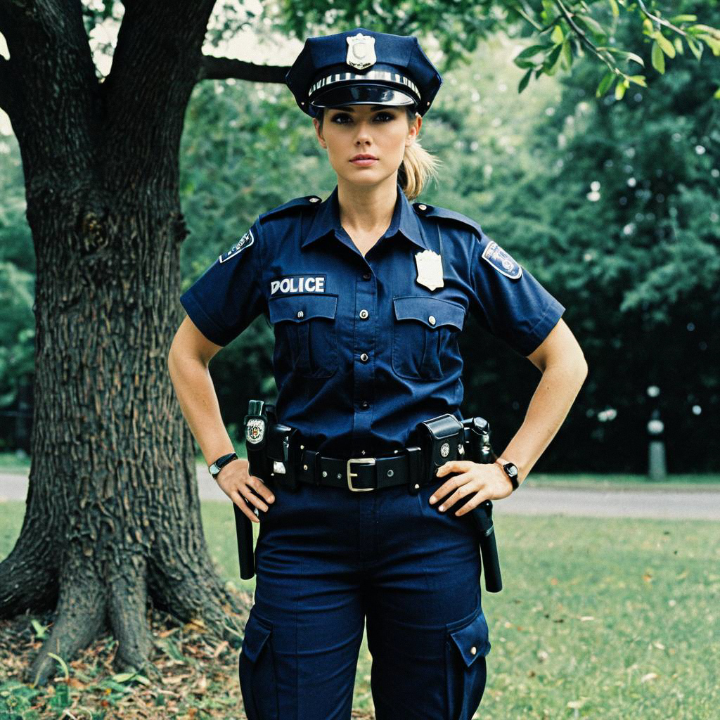 Confident Woman in Navy Police Uniform Outdoors